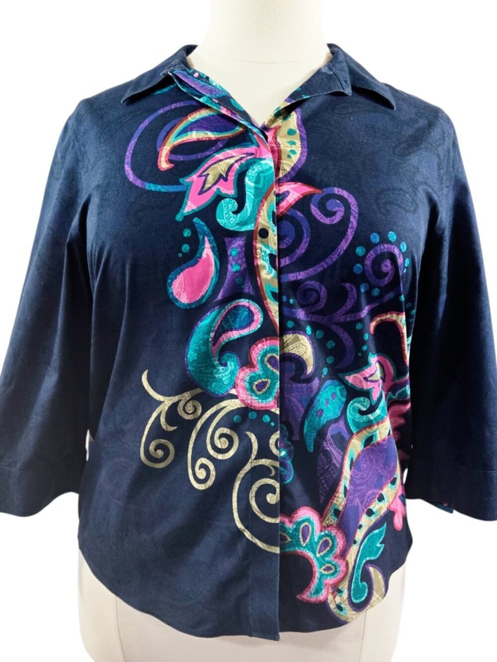 Chico's No Iron 100% Cotton Navy Blue Paisley Button-Up Shirt Artsy Boho